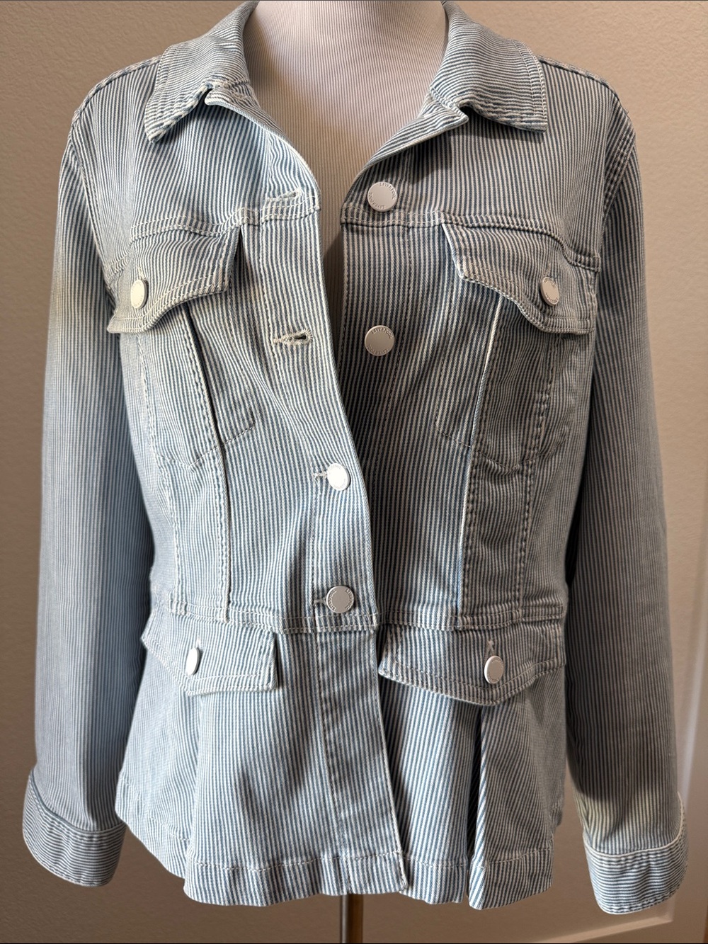 Liverpool Light Blue and Whitr Striped Jean Peplum Jacket